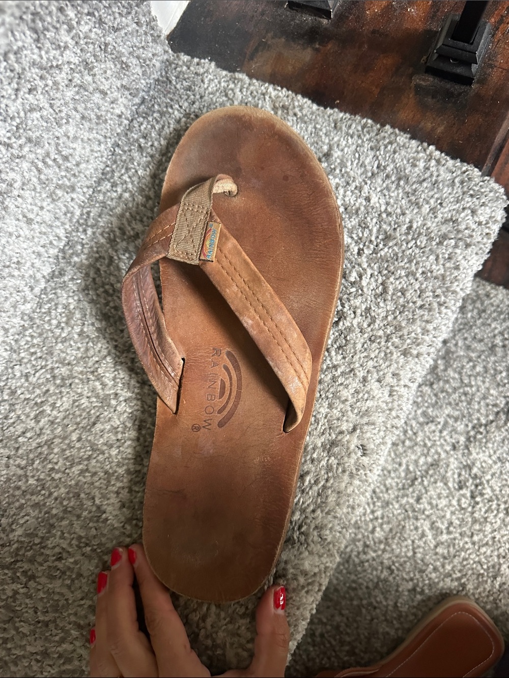 SINGLE - Rainbow Brown Leather Thong Sandal with Woven Accent